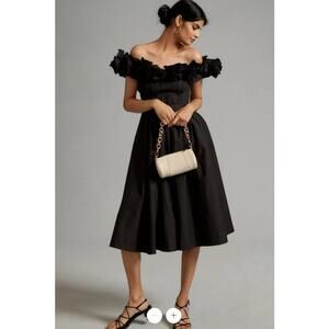 Maeve by Anthropology Ruffled-Neckline Pleated Midi Black Dress Sz XXS